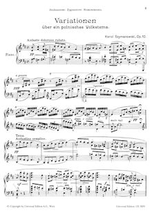 Partition complète, Variations on a Polish Folk Theme, Op.10, Szymanowski, Karol par Karol Szymanowski