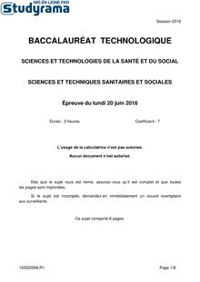 Sujet BACST2S Sciences et Techniques Sanitaires et Sociales 2016