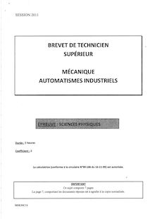 Sciences physiques 2011 BTS Mécanique et automatismes industriels