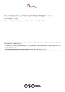 Le Centenaire du Code civil colombien (Medellin, 11-14 novembre 19123 - compte-rendu ; n°1 ; vol.40, pg 159-159