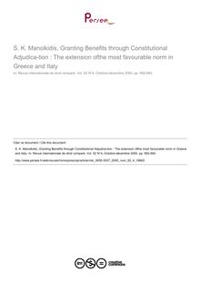 S. K. Manolkidis, Granting Benefits through Constitutional Adjudica­tion : The extension ofthe most favourable norm in Greece and Italy - note biblio ; n°4 ; vol.52, pg 992-993