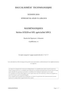 Baccalauréat Mathématiques 2016 - Séries STI2D, STL, SPCL