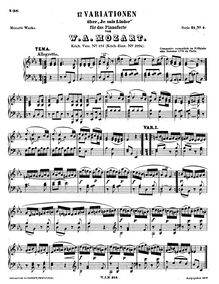 Partition complète, 12 Variations on Je suis Lindor, E♭ major, Mozart, Wolfgang Amadeus