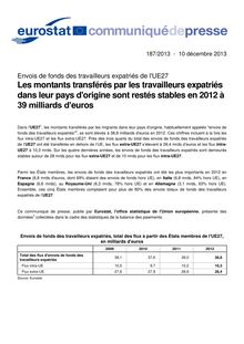 Eurostat : Les montants transférés par les travailleurs expatriés  dans leur pays d origine sont restés stables en 2012 à 39 milliards d’euros 