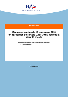 Avis de la HAS sur le référentiel concernant la durée d arrêt de travail  saisine du 15 septembre 2010