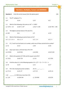 Grade 6 Maths Test 3: BODMAS, Factors, Multiples