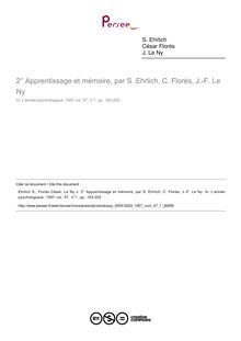 Apprentissage et mémoire, par S. Ehrlich, C. Florès, J.-F. Le Ny - compte-rendu ; n°1 ; vol.57, pg 193-202