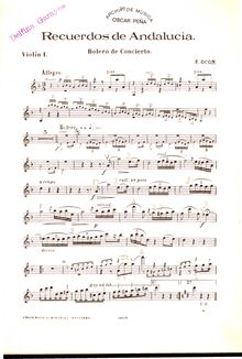 Partition violon 1, violon  2, viole de gambe, violoncelle, basse, Recuerdos de Andalucía