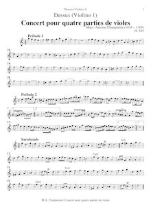 Partition violons I, Concert pour quatre parties de violes, Charpentier, Marc-Antoine