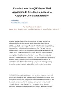 Elsevier Launches QUOSA for iPad Application to Give Mobile Access to Copyright Compliant Literature