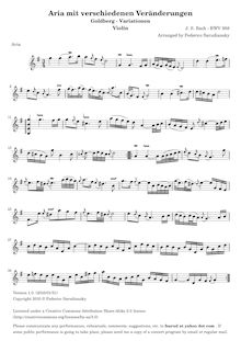 Partition de violon, Goldberg-Variationen, Goldberg Variations ; Aria mit 30 Veränderungen ; Clavier-Übung IV