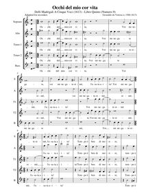 Partition Occhi del mio cor vita - partition complète (alto notation), Madrigali A Cinque Voci [Libro Quinto]
