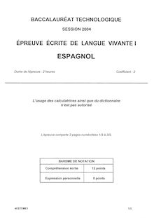 Espagnol LV1 2004 Baccalauréat technologique