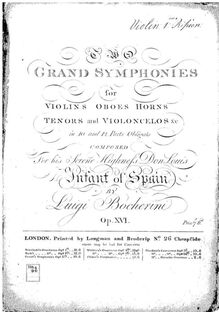 Partition violons I Ripieno, 6 Symphonies, G.503-508 (Op.12), D major, E♭ major, C major, D minor, B♭ major, A major