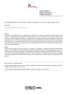Le télétravail et révolution des relations entre le domicile et le travail - article ; n°79 ; vol.14, pg 57-71
