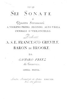 Partition violon 2, 6 quatuors, Op.1, Sei sonate a quatro stromenti a violino primo, secondo, alto viola, cembalo o violoncello