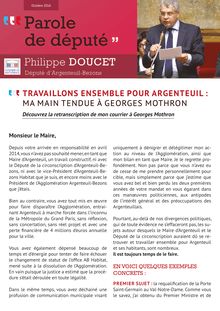 La lettre "Parole de député" de Philippe Doucet, Député d Argenteuil-Bezons - TRAVAILLONS ENSEMBLE POUR ARGENTEUIL : MA MAIN TENDUE À GEORGES MOTHRON