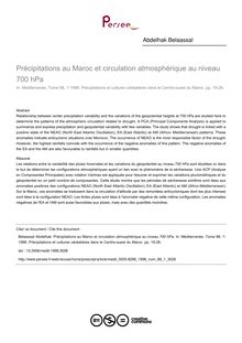 Précipitations au Maroc et circulation atmosphérique au niveau 700 hPa - article ; n°1 ; vol.88, pg 19-26