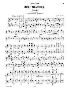 Partition violons I, 2 Melodies Op.53, Grieg, Edvard