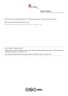 Krankenhausapotheker in Deutschland. Geschichte einer Binnenprofessionalisierung - article ; n°312 ; vol.84, pg 27-30