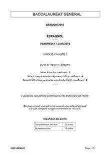 Baccalauréat LV1 Espagnol 2016 - Séries L, ES, S