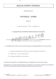 Sujet du bac S 2007: Physique Chimie Spécialité