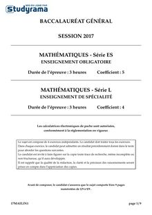 Sujet Bac ES, L  2017 Pondichéry - Maths obligatoire 