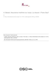 A. Bessé, Assurance maritime sur corps. La clause « Franc Sauf » - note biblio ; n°3 ; vol.10, pg 623-624