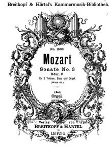 Partition orgue (realization), église Sonata No.3, D major, Mozart, Wolfgang Amadeus