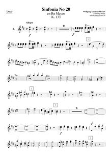 Partition hautbois 1/2, Symphony No.20, D major, Mozart, Wolfgang Amadeus