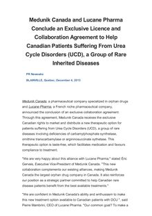 Medunik Canada and Lucane Pharma Conclude an Exclusive Licence and Collaboration Agreement to Help Canadian Patients Suffering From Urea Cycle Disorders (UCD), a Group of Rare Inherited Diseases