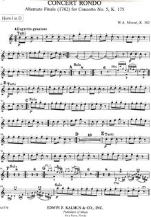 Partition cor 1, 2 (D), Rondo, Concert Rondo ; Piano Concerto No.28, K.382 ; Allegetto grazioso