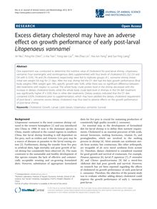 Excess dietary cholesterol may have an adverse effect on growth performance of early post-larval Litopenaeus vannamei