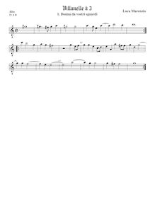 Partition ténor viole de gambe, octave aigu clef, Villanelle pour 3 violes de gambe par Luca Marenzio