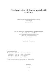 Dissipativity of linear quadratic systems [Elektronische Ressource] / Tobias Brüll. Betreuer: Volker Mehrmann