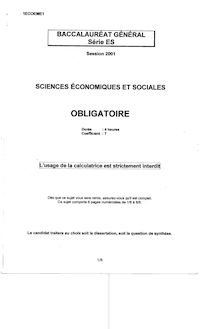 Baccalaureat 2001 sciences economiques et sociales (ses) sciences economiques et sociales