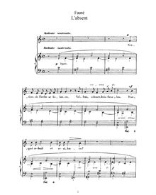 Partition No.3 - L absent (a, Original Key), 3 chansons, Op. 5, Fauré, Gabriel