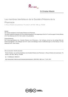 Les membres bienfaiteurs de la Société d Histoire de la Pharmacie - article ; n°281 ; vol.77, pg 279-289