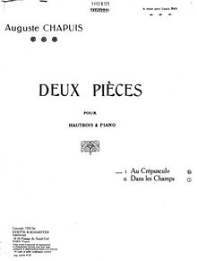 Partition Piano (Score), Deux Pièces pour Hautbois et Piano, Chapuis, Auguste