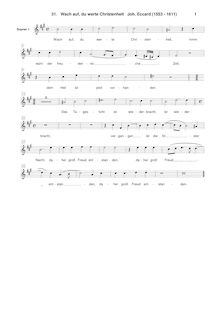 Partition Soprano 1 , partie, Wach auf, du werte Christenheit, F♯ minor par Johannes Eccard