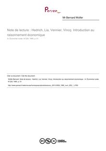 Note de lecture : Hedrich, Lia, Vennier, Vincq  Introduction au raisonnement économique   ; n°1 ; vol.229, pg 51-51