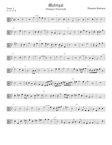 Partition ténor viole de gambe 1, alto clef, pour First Set of anglais Madrigales to 3, 4, 5 et 6 voix par Thomas Bateson