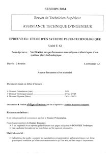 Btsating 2004 verification des performances mecaniques et electriques d un systeme pluritechnologique