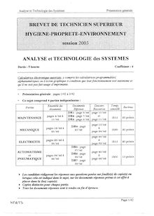 Analyse et technologie des systèmes 2003 BTS Hygiène propreté environnement