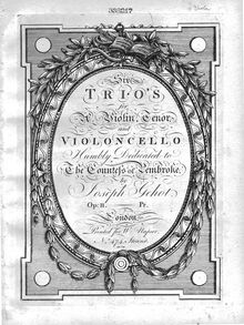 Partition viole de gambe, 6 corde Trios, Op.2, Six trios (sonatas) for a violin, tenor, and violoncello, op. II, by Joseph Gehot.