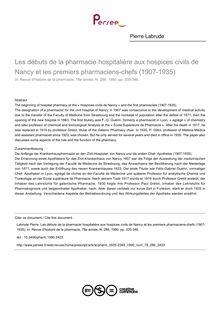 Les débuts de la pharmacie hospitalière aux hospices civils de Nancy et les premiers pharmaciens-chefs (1907-1935) - article ; n°286 ; vol.78, pg 335-346