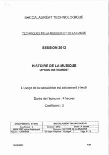 Sujet du bac serie TMD 2012: Histoire de la Musique option Instrument-métropole