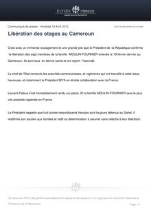 Libération des otages au Cameroun (Communiqué de presse de l'Elysée)