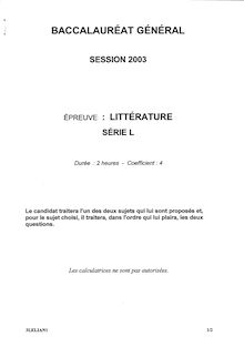 Littérature 2003 Littéraire Baccalauréat général