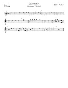 Partition ténor viole de gambe 1, octave aigu clef, Allemanda Tr(egian)